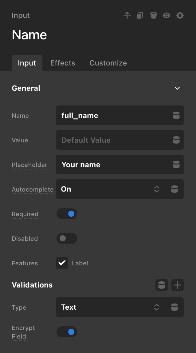 Cornerstone Forms field settings showing the Encrypt Field toggle enabled for a Name input.